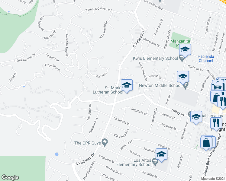 map of restaurants, bars, coffee shops, grocery stores, and more near 2586 Turnbull Canyon Road in Hacienda Heights