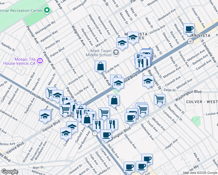 map of restaurants, bars, coffee shops, grocery stores, and more near 1621 Venice Boulevard in Los Angeles