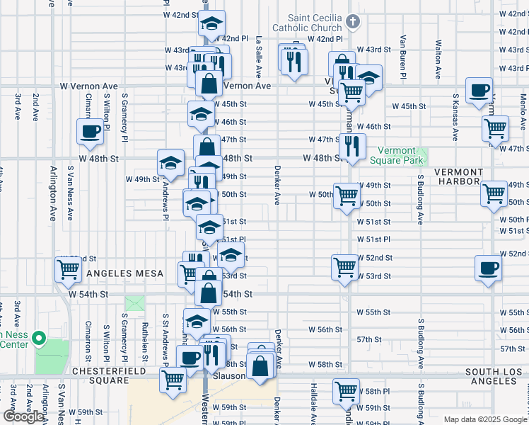 map of restaurants, bars, coffee shops, grocery stores, and more near 5023 Denker Avenue in Los Angeles