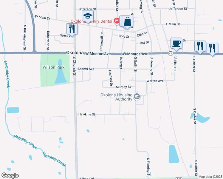 map of restaurants, bars, coffee shops, grocery stores, and more near 343 Murphy Circle in Okolona