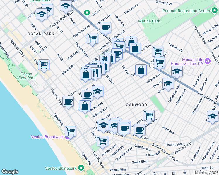 map of restaurants, bars, coffee shops, grocery stores, and more near 541 Sunset Avenue in Los Angeles