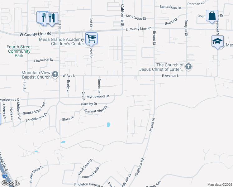 map of restaurants, bars, coffee shops, grocery stores, and more near 124 Myrtlewood Drive in Calimesa