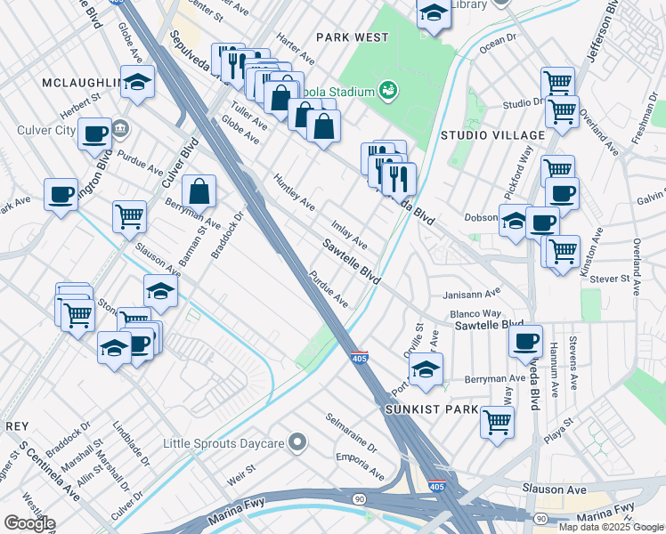 map of restaurants, bars, coffee shops, grocery stores, and more near 11323 Utopia Avenue in Culver City