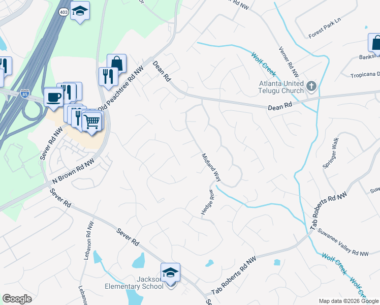 map of restaurants, bars, coffee shops, grocery stores, and more near 1161 Malvern Hunt Court in Lawrenceville
