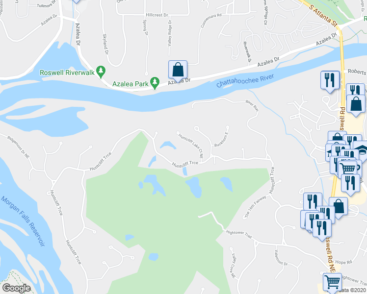 map of restaurants, bars, coffee shops, grocery stores, and more near 8905 Huntcliff Lake Court Northeast in Atlanta
