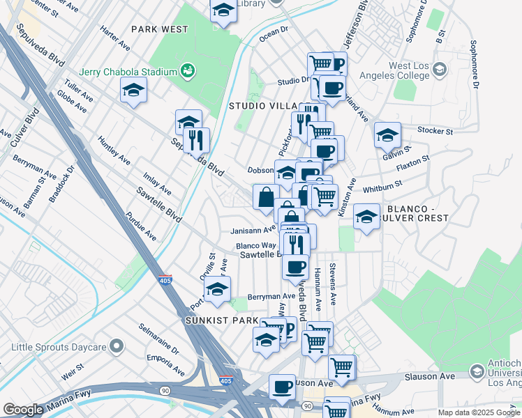 map of restaurants, bars, coffee shops, grocery stores, and more near 5239 Sepulveda Boulevard in Culver City