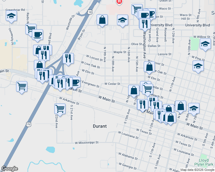 map of restaurants, bars, coffee shops, grocery stores, and more near 1812 West Evergreen Street in Durant