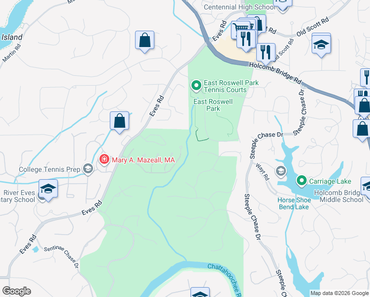 map of restaurants, bars, coffee shops, grocery stores, and more near 2125 River Falls Drive in Roswell