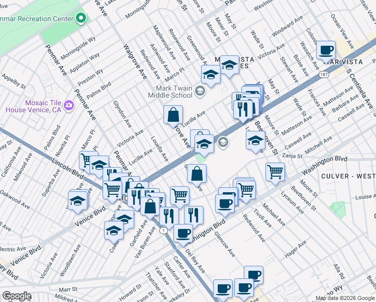 map of restaurants, bars, coffee shops, grocery stores, and more near 2336 Glencoe Avenue in Los Angeles