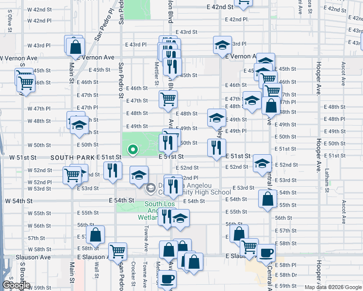 map of restaurants, bars, coffee shops, grocery stores, and more near 628 East 50th Street in Los Angeles