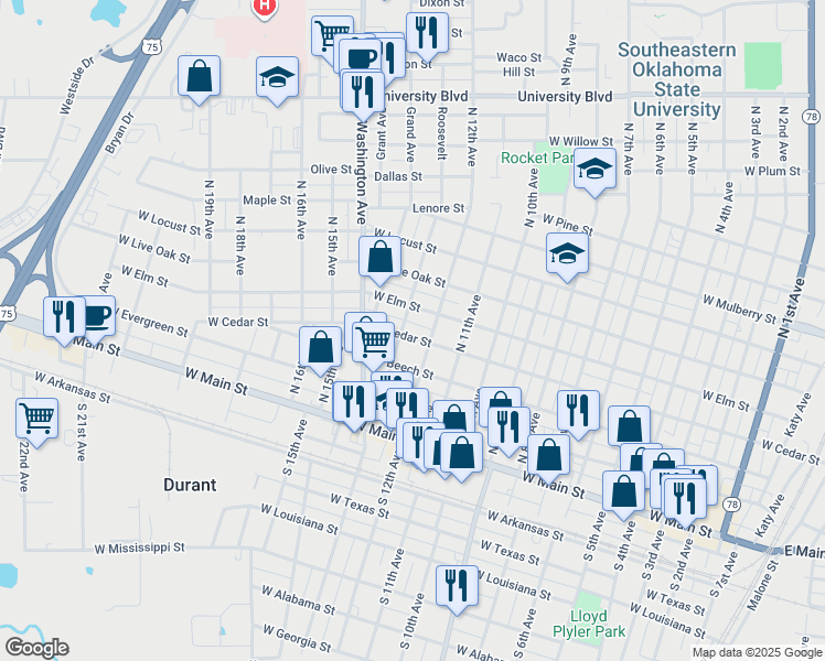 map of restaurants, bars, coffee shops, grocery stores, and more near 1220 West Cedar Street in Durant