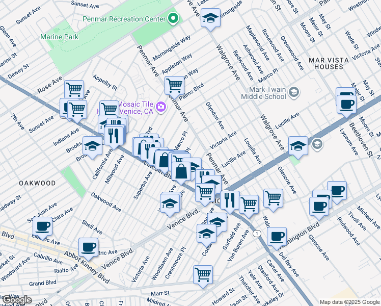 map of restaurants, bars, coffee shops, grocery stores, and more near 1070 Amoroso Place in Los Angeles
