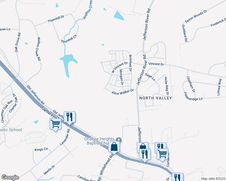 map of restaurants, bars, coffee shops, grocery stores, and more near 180 Alice Walker Drive in Athens