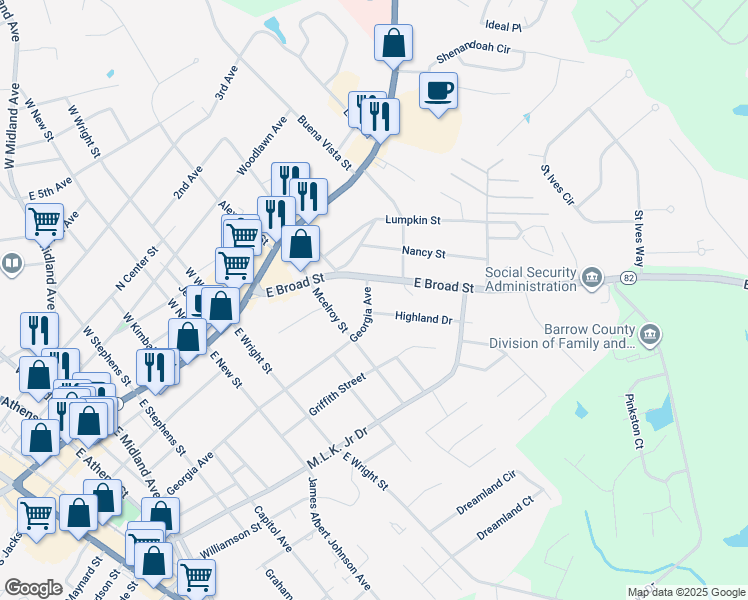 map of restaurants, bars, coffee shops, grocery stores, and more near 317 Georgia Avenue in Winder