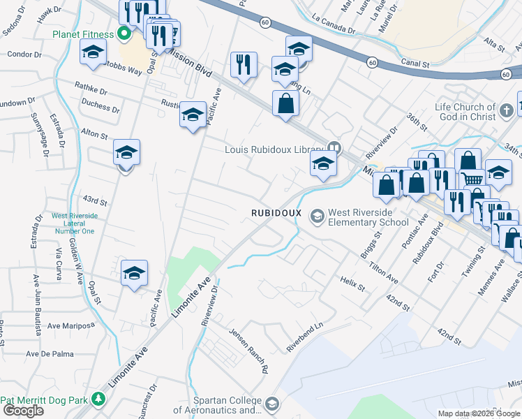 map of restaurants, bars, coffee shops, grocery stores, and more near 5840 42nd Street in Riverside