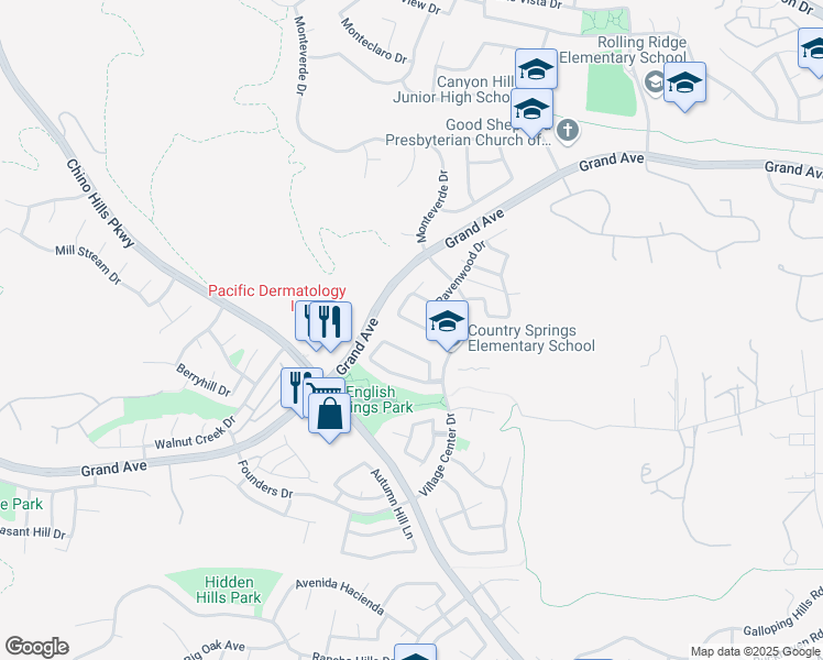 map of restaurants, bars, coffee shops, grocery stores, and more near 2327 Eaglewood Drive in Chino Hills