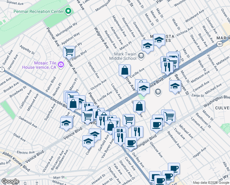 map of restaurants, bars, coffee shops, grocery stores, and more near 2307 Louella Avenue in Los Angeles