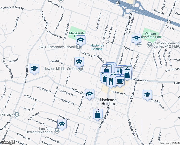 map of restaurants, bars, coffee shops, grocery stores, and more near 2036 Richdale Avenue in Hacienda Heights