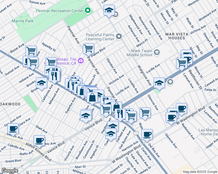 map of restaurants, bars, coffee shops, grocery stores, and more near 2139 Penmar Avenue in Los Angeles