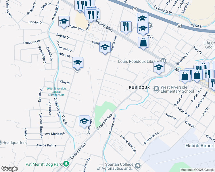 map of restaurants, bars, coffee shops, grocery stores, and more near 6089 Vista De Oro in Riverside