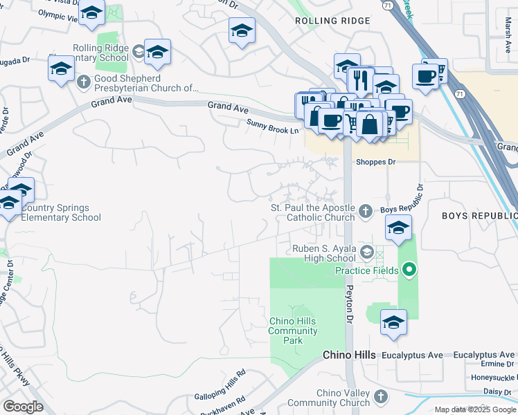 map of restaurants, bars, coffee shops, grocery stores, and more near 3059 Song of the Winds Drive in Chino Hills