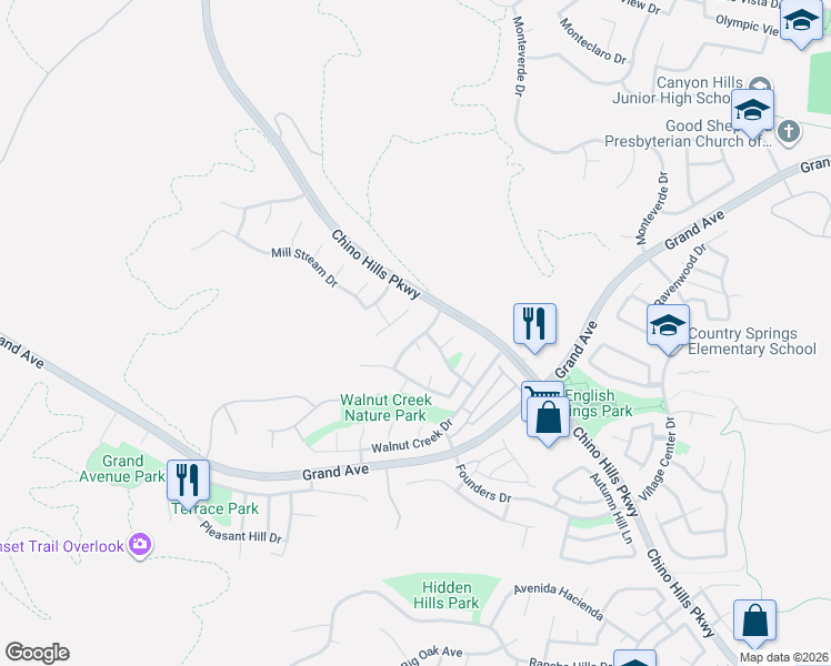 map of restaurants, bars, coffee shops, grocery stores, and more near 14148 Heathervale Drive in Chino Hills