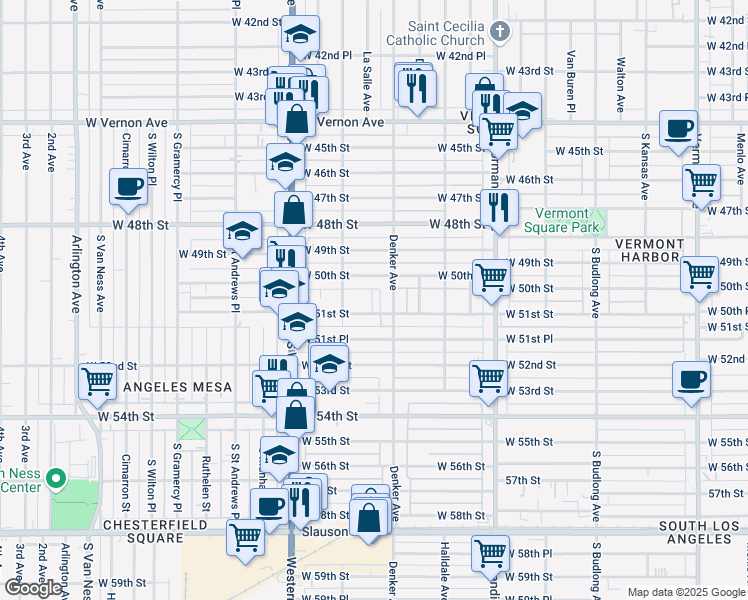 map of restaurants, bars, coffee shops, grocery stores, and more near 5023 Denker Avenue in Los Angeles