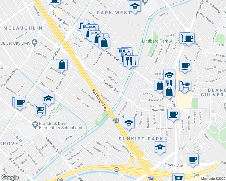 map of restaurants, bars, coffee shops, grocery stores, and more near 5015 Sawtelle Boulevard in Culver City