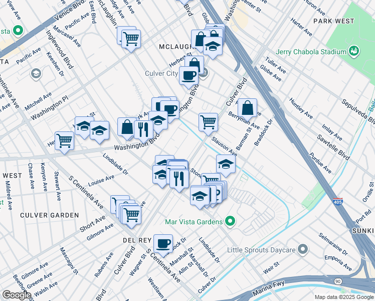 map of restaurants, bars, coffee shops, grocery stores, and more near 11761 Culver Boulevard in Los Angeles