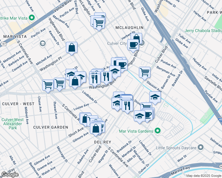 map of restaurants, bars, coffee shops, grocery stores, and more near in Culver City
