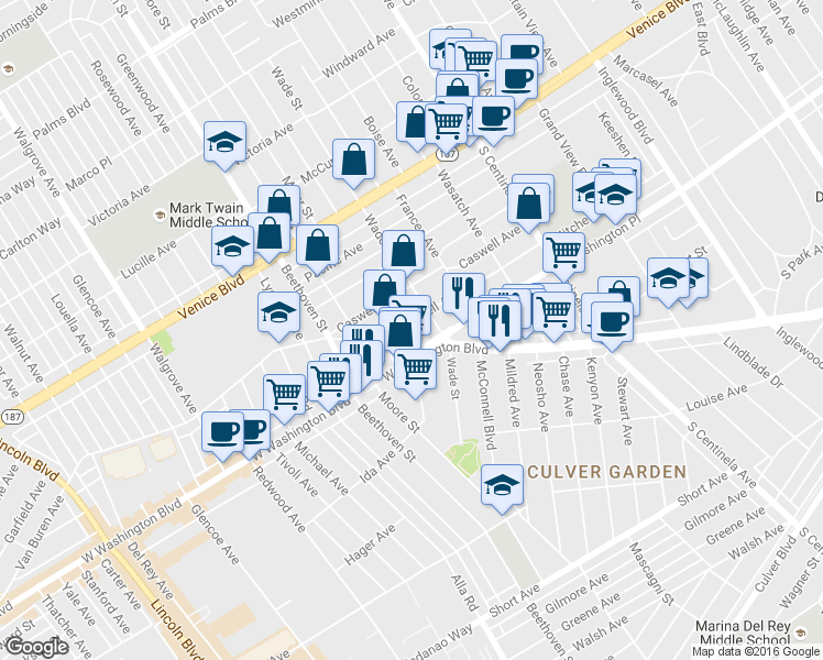 map of restaurants, bars, coffee shops, grocery stores, and more near 12710 Mitchell Avenue in Los Angeles