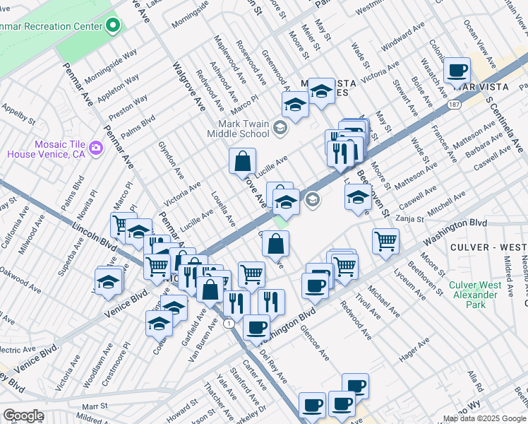 map of restaurants, bars, coffee shops, grocery stores, and more near 2336 Glencoe Avenue in Los Angeles