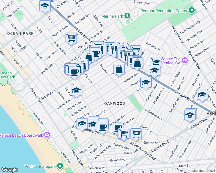 map of restaurants, bars, coffee shops, grocery stores, and more near 646 Vernon Avenue in Los Angeles
