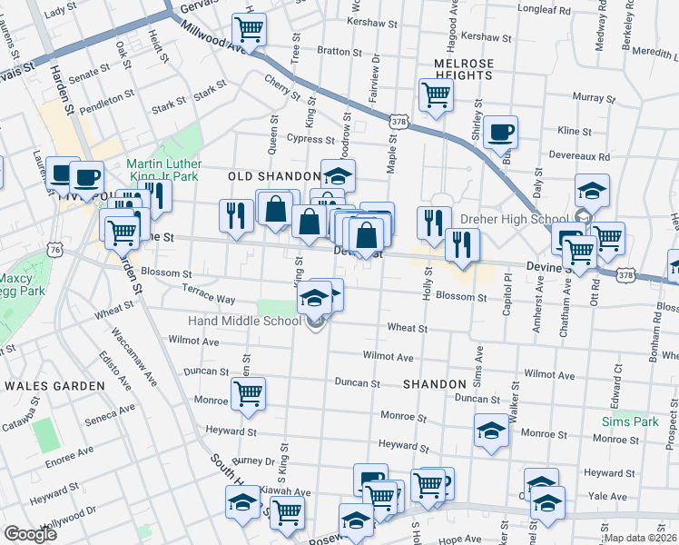 map of restaurants, bars, coffee shops, grocery stores, and more near 607 Woodrow Street in Columbia