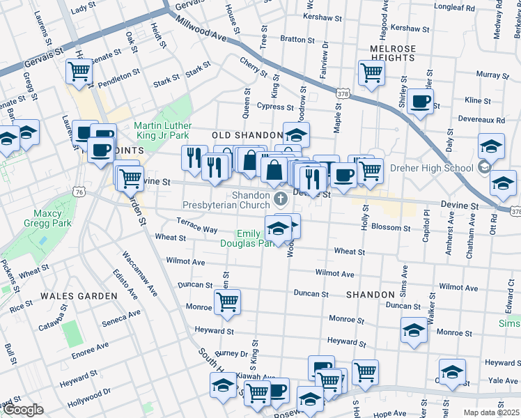 map of restaurants, bars, coffee shops, grocery stores, and more near 619 King Street in Columbia