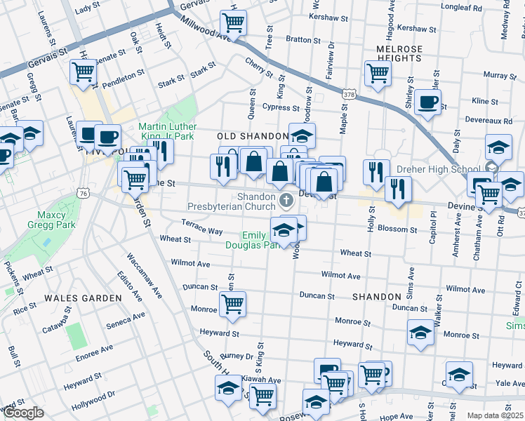 map of restaurants, bars, coffee shops, grocery stores, and more near 619 King Street in Columbia