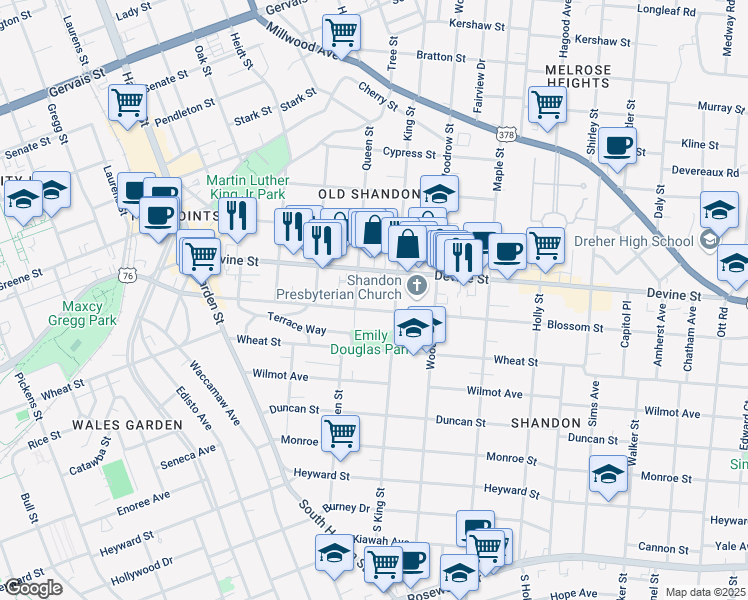 map of restaurants, bars, coffee shops, grocery stores, and more near 2501 Blossom Street in Columbia