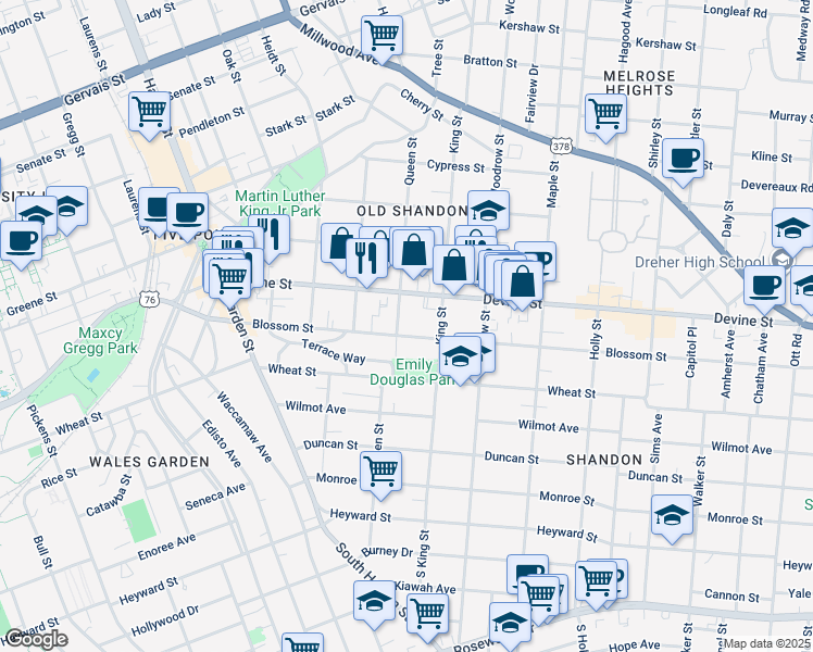 map of restaurants, bars, coffee shops, grocery stores, and more near 2501 Blossom Street in Columbia
