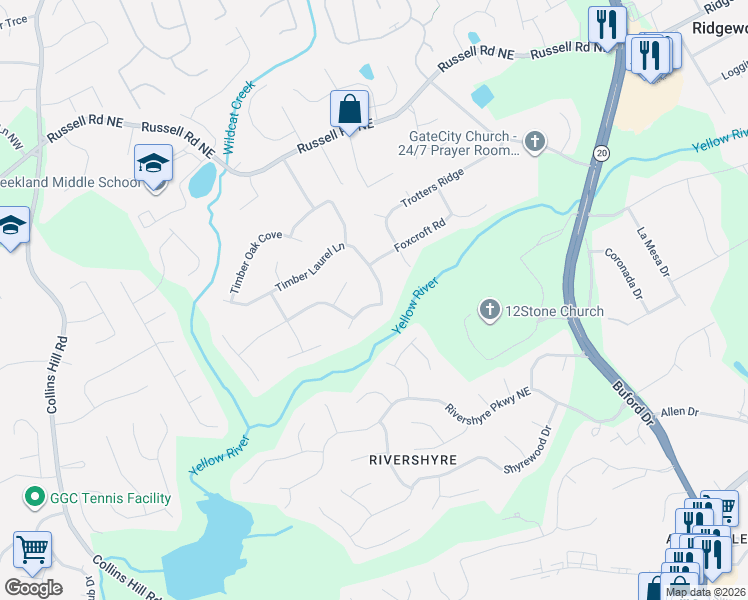 map of restaurants, bars, coffee shops, grocery stores, and more near 250 Timber Laurel Lane in Lawrenceville