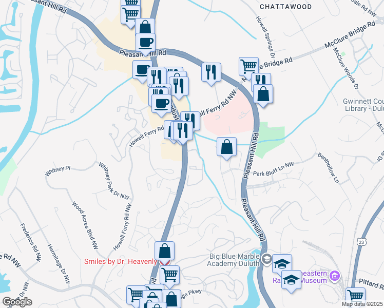 map of restaurants, bars, coffee shops, grocery stores, and more near 100 Bradford Creek Trail Northwest in Duluth