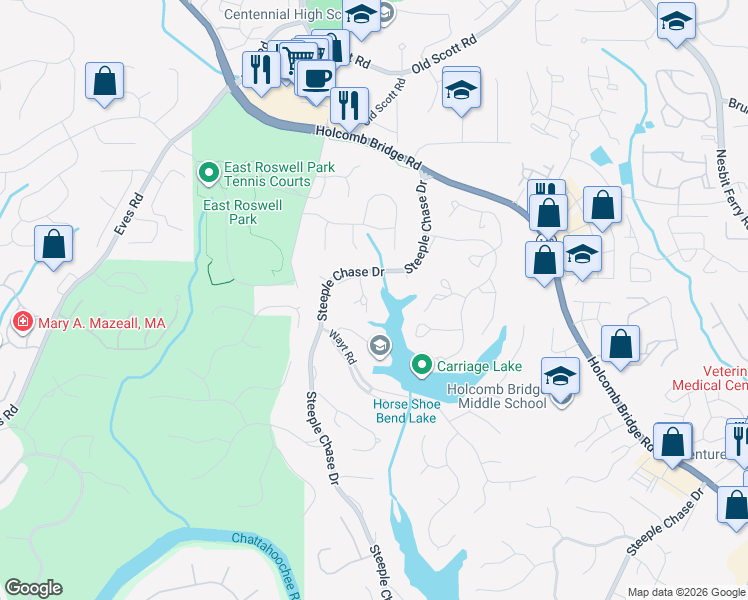 map of restaurants, bars, coffee shops, grocery stores, and more near 125 Beech Lake Court in Roswell