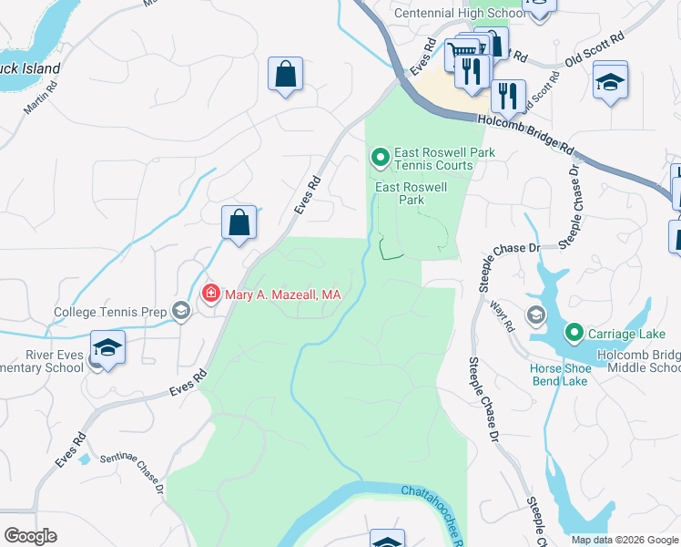 map of restaurants, bars, coffee shops, grocery stores, and more near 2125 River Falls Drive in Roswell