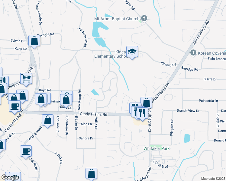 map of restaurants, bars, coffee shops, grocery stores, and more near 1220 Nottoway Trail in Marietta