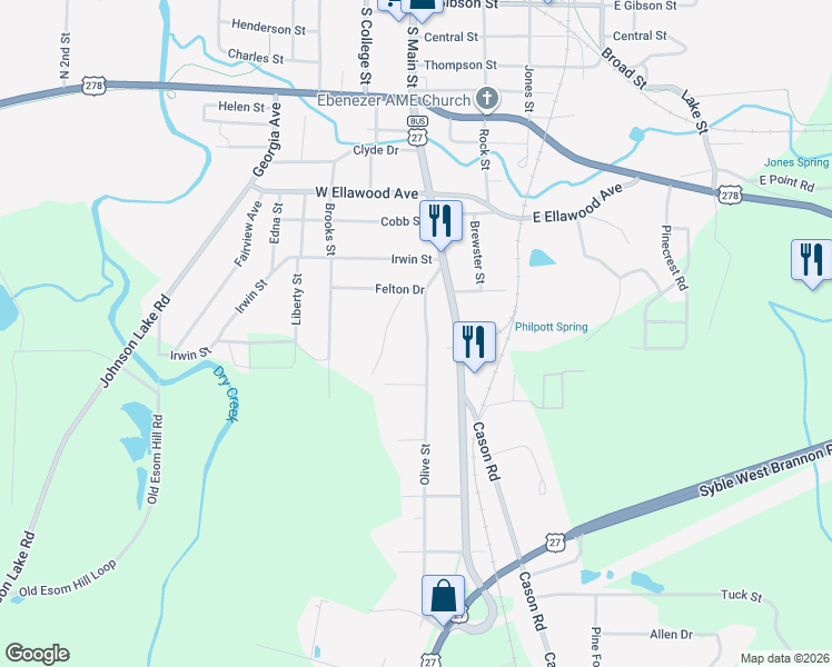 map of restaurants, bars, coffee shops, grocery stores, and more near 228 Olive Street in Cedartown