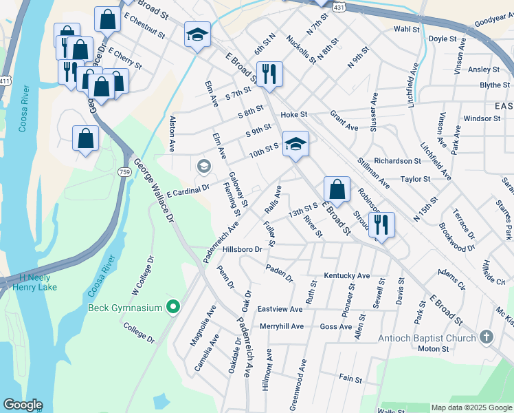 map of restaurants, bars, coffee shops, grocery stores, and more near 222 Padenreich Avenue in Gadsden
