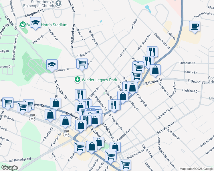 map of restaurants, bars, coffee shops, grocery stores, and more near 142 Woodlawn Ave in Winder
