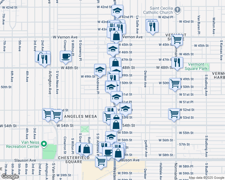 map of restaurants, bars, coffee shops, grocery stores, and more near 5017 South Western Avenue in Los Angeles