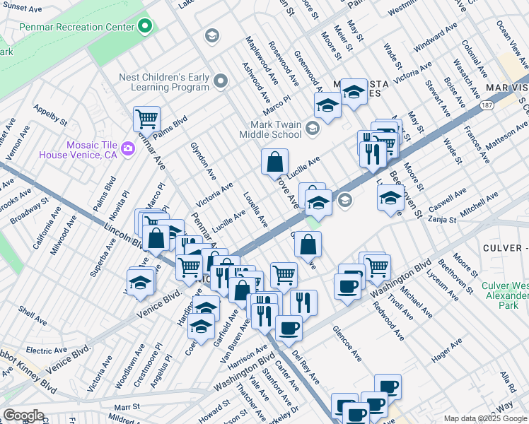 map of restaurants, bars, coffee shops, grocery stores, and more near 2312 Louella Avenue in Los Angeles