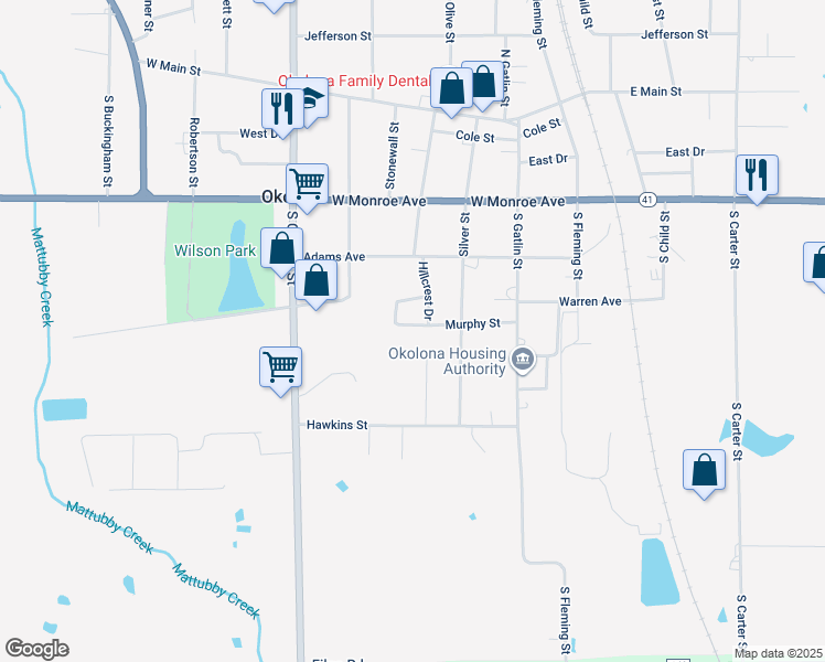 map of restaurants, bars, coffee shops, grocery stores, and more near 343 Murphy Circle in Okolona
