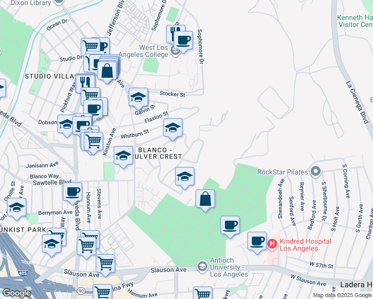 map of restaurants, bars, coffee shops, grocery stores, and more near 10701 Cranks Road in Culver City